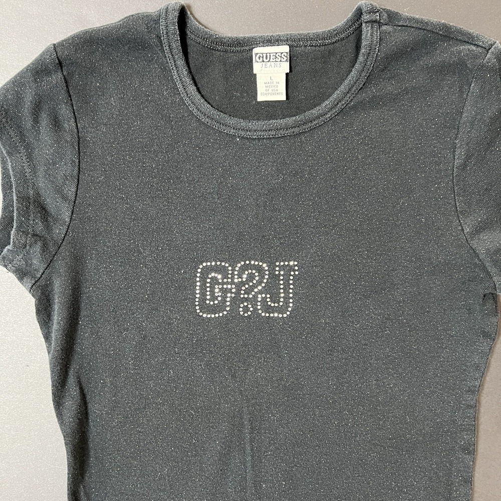 Vintage Guess Jeans Tshirt Women's L Black 90s Faded Retro Grunge Rhinestones